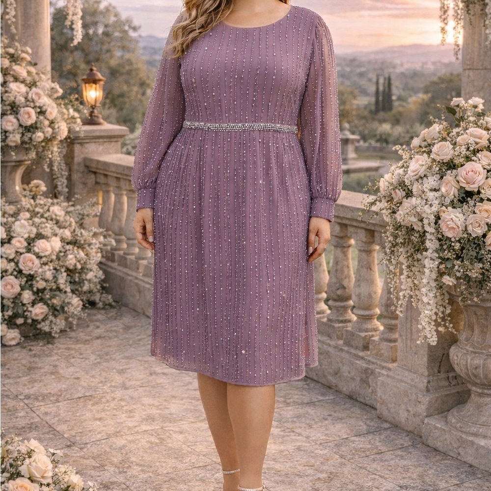 Mac Duggal Lavender Beaded Midi Dress
